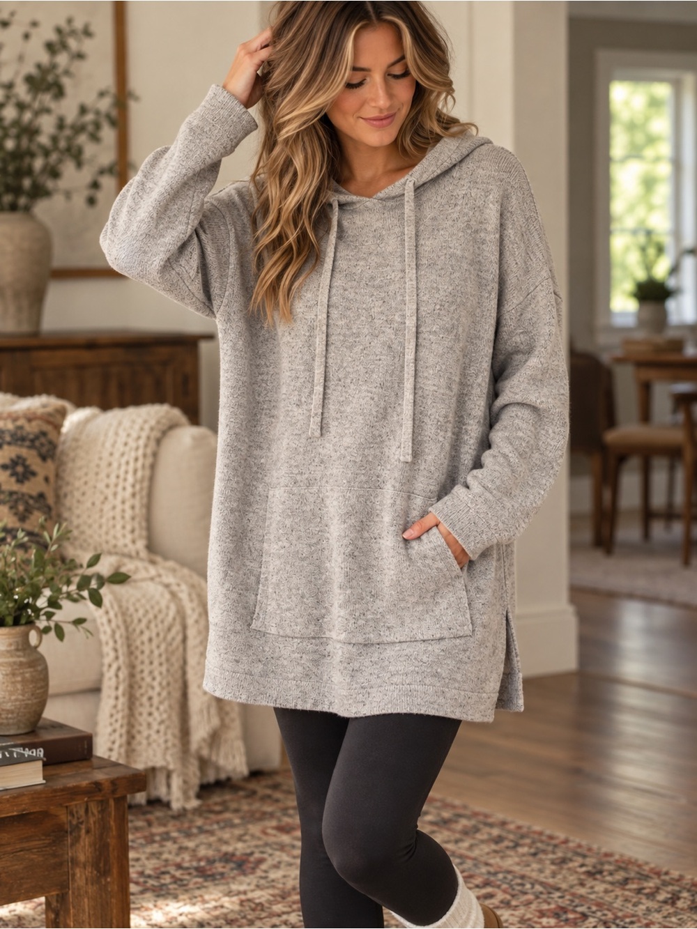J.Jill Pure Jill Gray Hooded Sweater Tunic XL Cotton Blend Kangaroo Pocket
